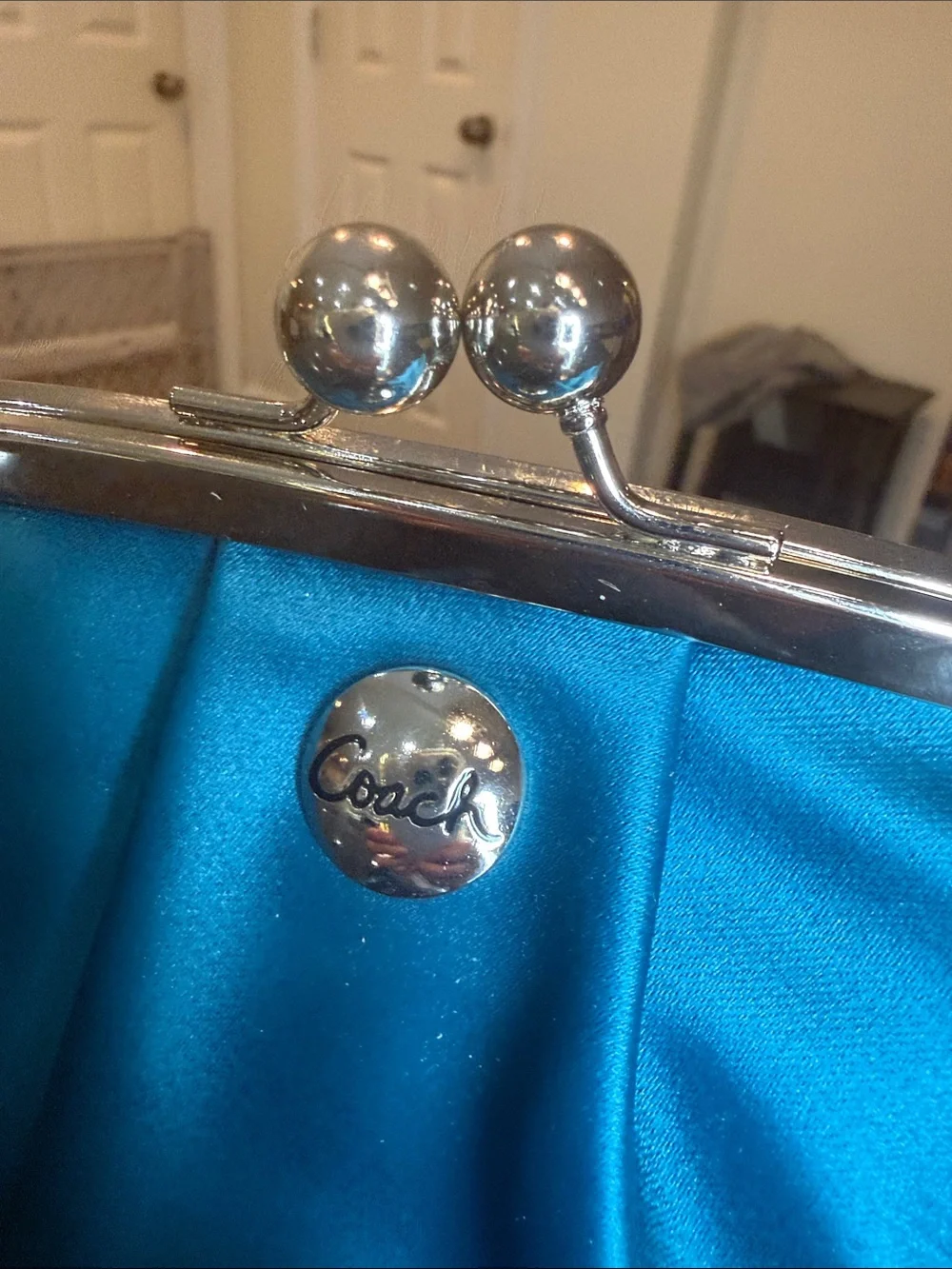 Vintage Coach Turquoise Satin Kiss-Lock Wristlet Clutch